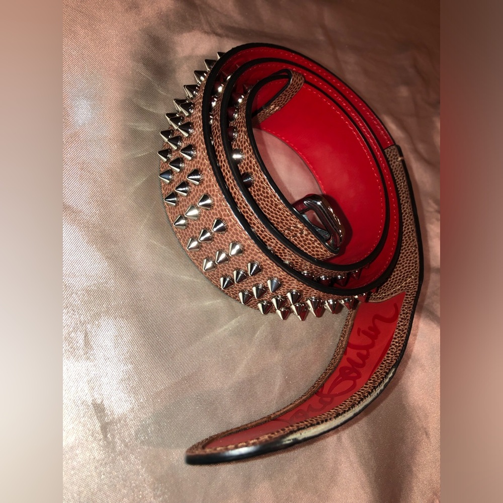 Christian Louboutin Spiked Red and Brown Leather Belt